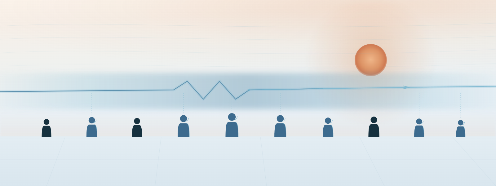 A hazy summer-2026 horizon of knowledge workers beneath a current of AI sweeping overhead — some lit by it, some standing in shadow.