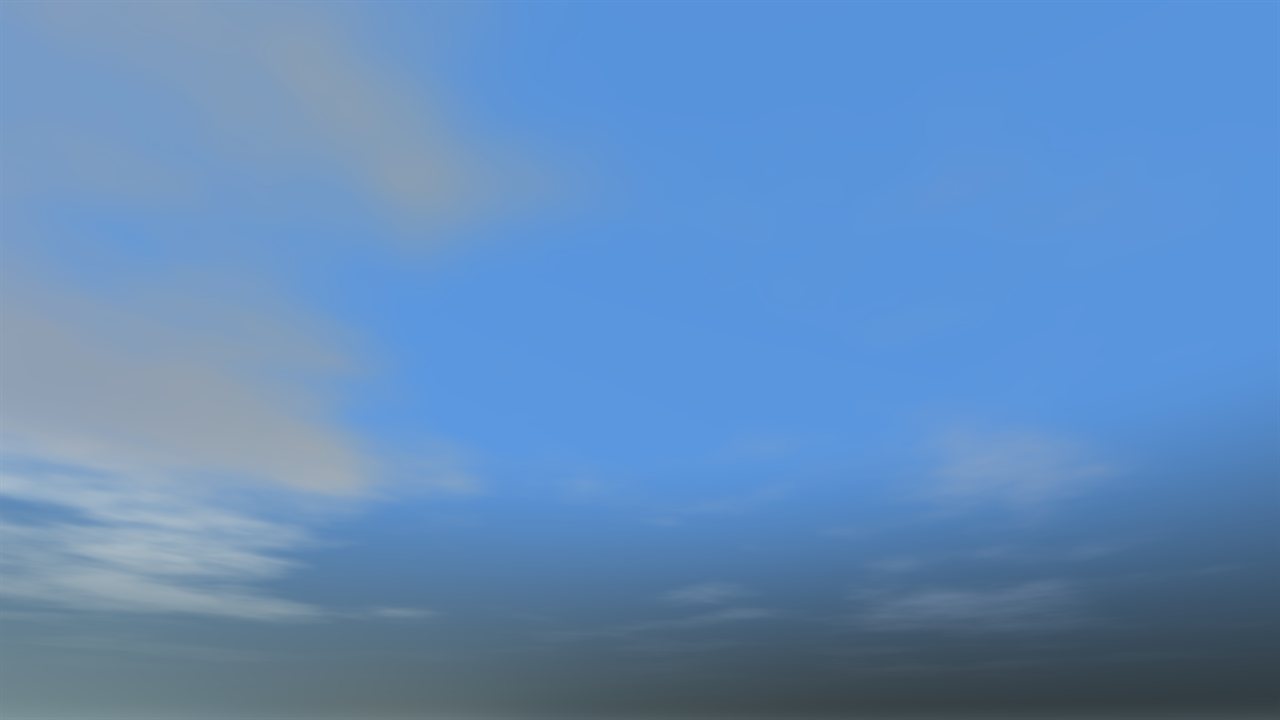 A bright blue sky with drifting white cumulus clouds, lit warmly from one side.