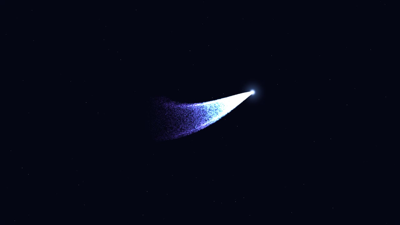 A glowing comet with a bright nucleus and a long violet-and-white tail of particles sweeping across a starfield.
