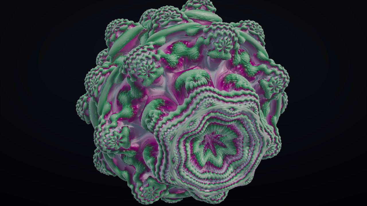 A 3D Mandelbrot fractal with iridescent green-and-magenta surface detail against a dark background.