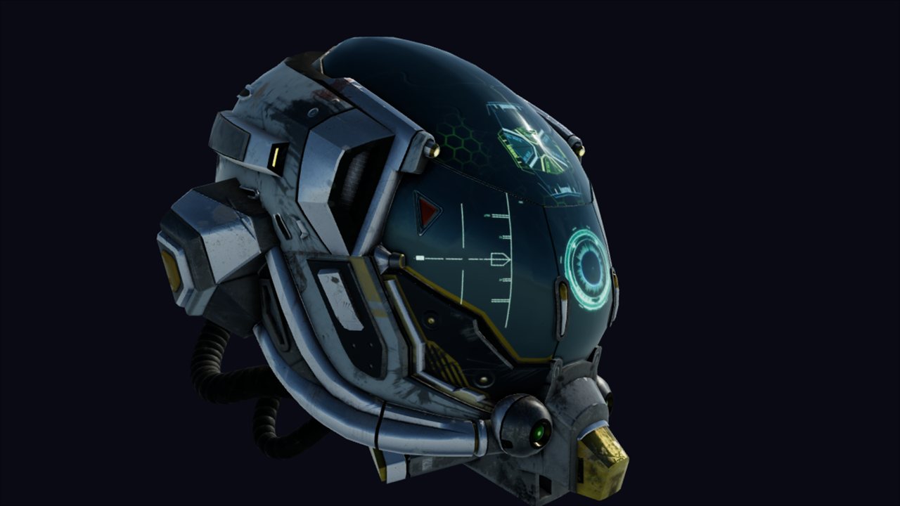 A detailed sci-fi helmet rendered with realistic metallic surfaces and glowing emissive visor against a dark backdrop.