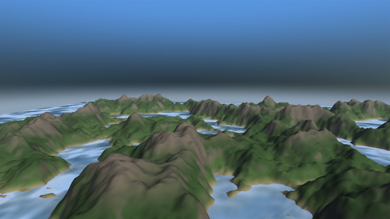 A procedurally generated mountainous landscape with green forested slopes, lakes between the peaks, and a blue sky above.